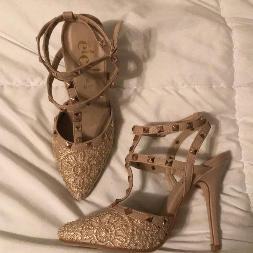 strappy studded embroidered heels.